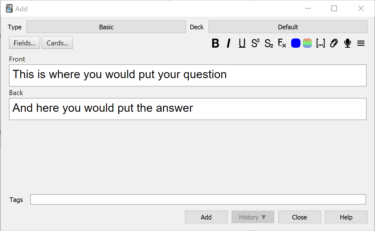 The Add Note prompt in Anki