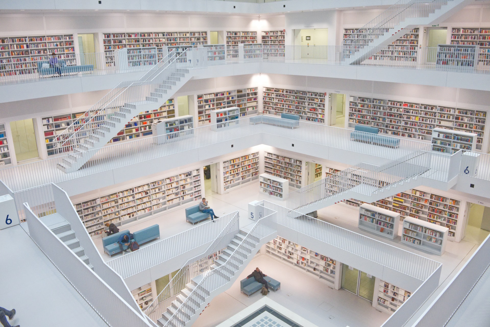 A wide photo of a modern looking library