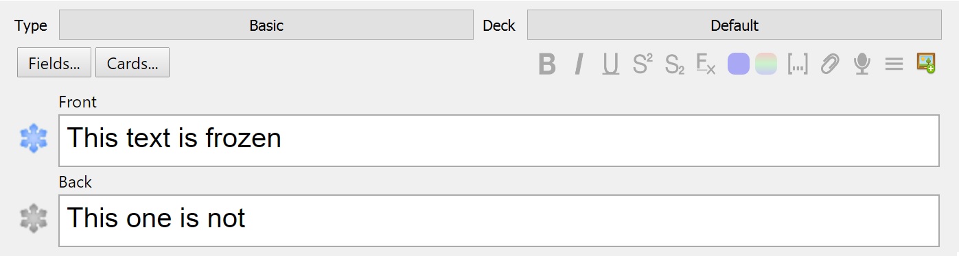 How the frozen fields addon looks like in Anki