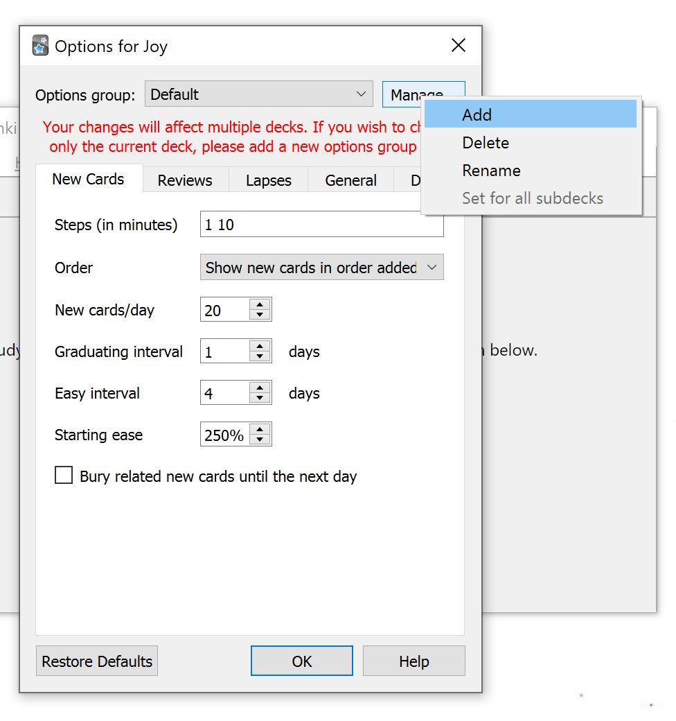 Option's group of a deck
