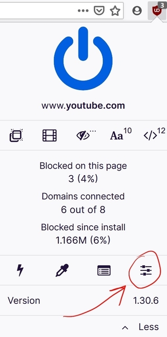 uBlock open dashboard button